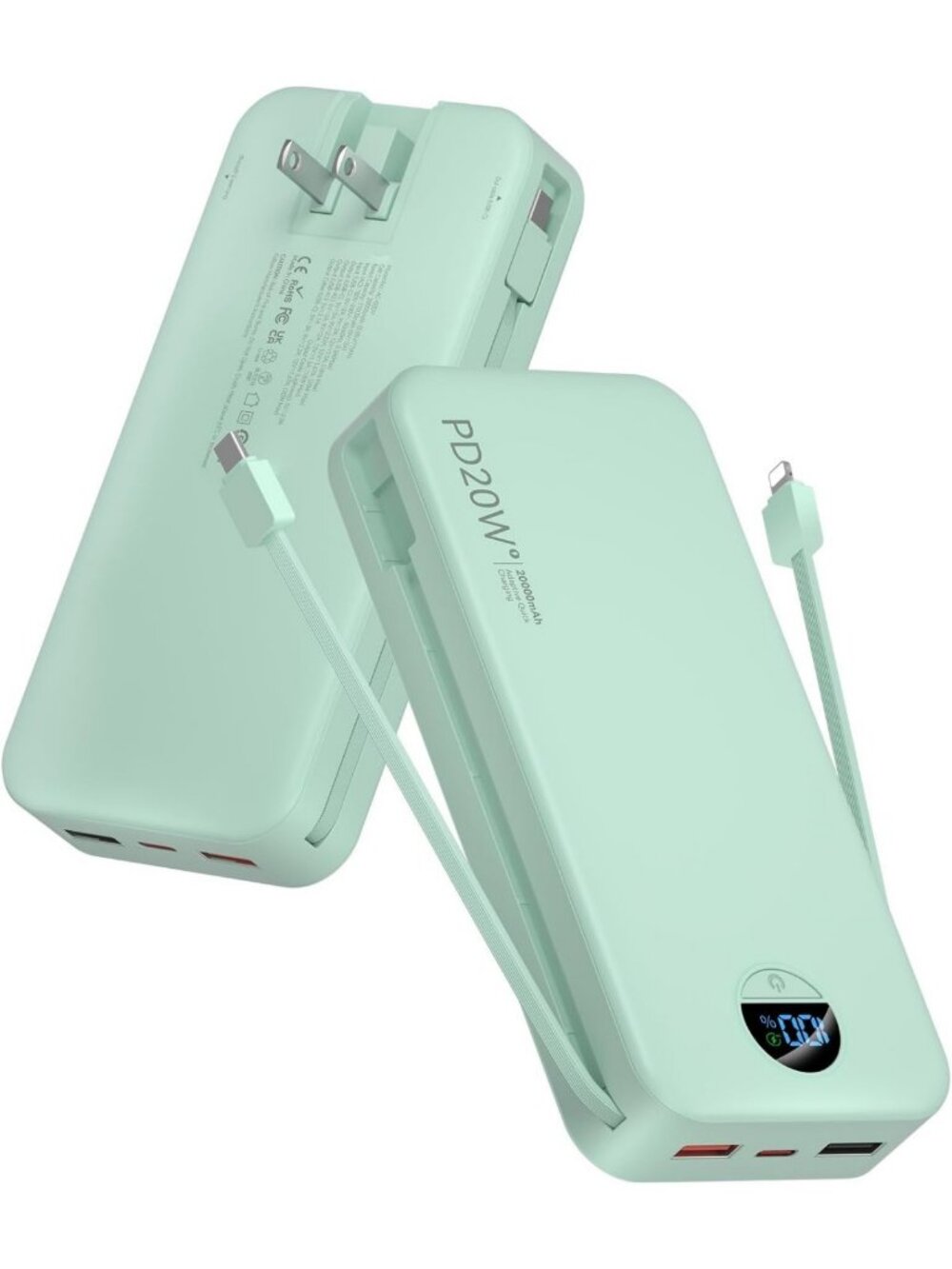 High-Capacity 20000mAh Portable Charger with Built-in Cables & Wall Plug - Green